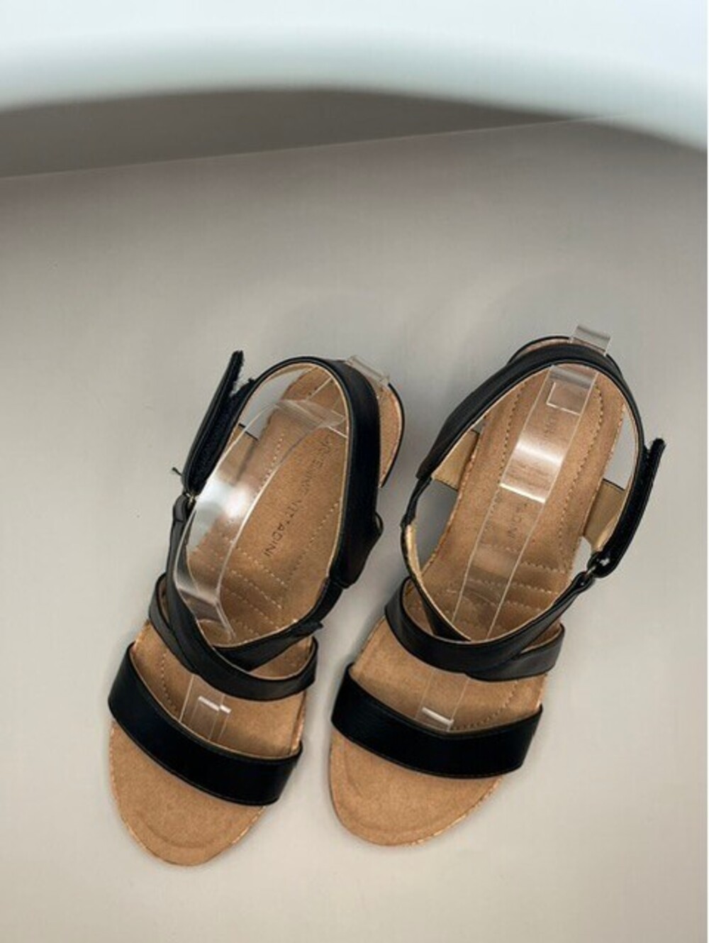 Adrienne Vittadini Black Strappy Kitten Heel Sandals Cork Trim Women's Size 6.5